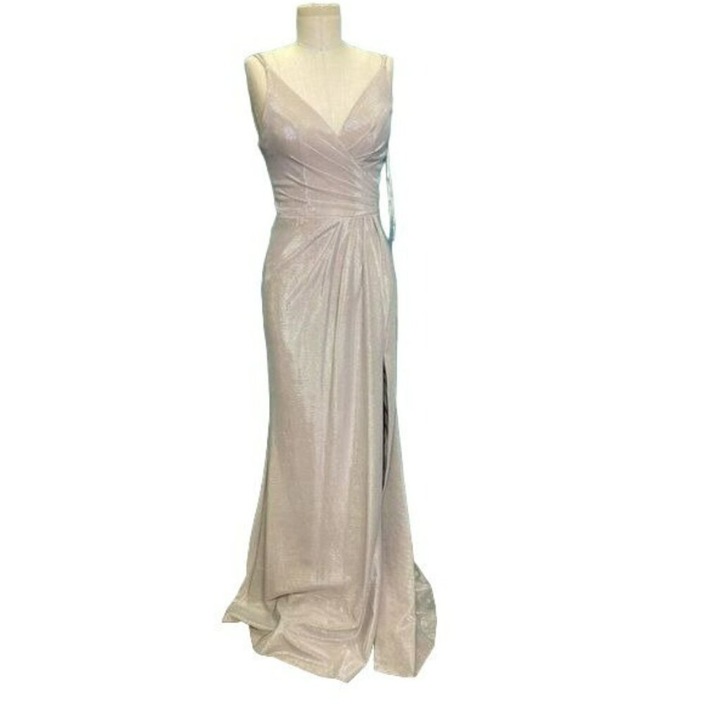Faviana Shimmery Platinum V-Neck Open Back Evening Gown 10257 Size 0 NWT - Picture 1 of 5